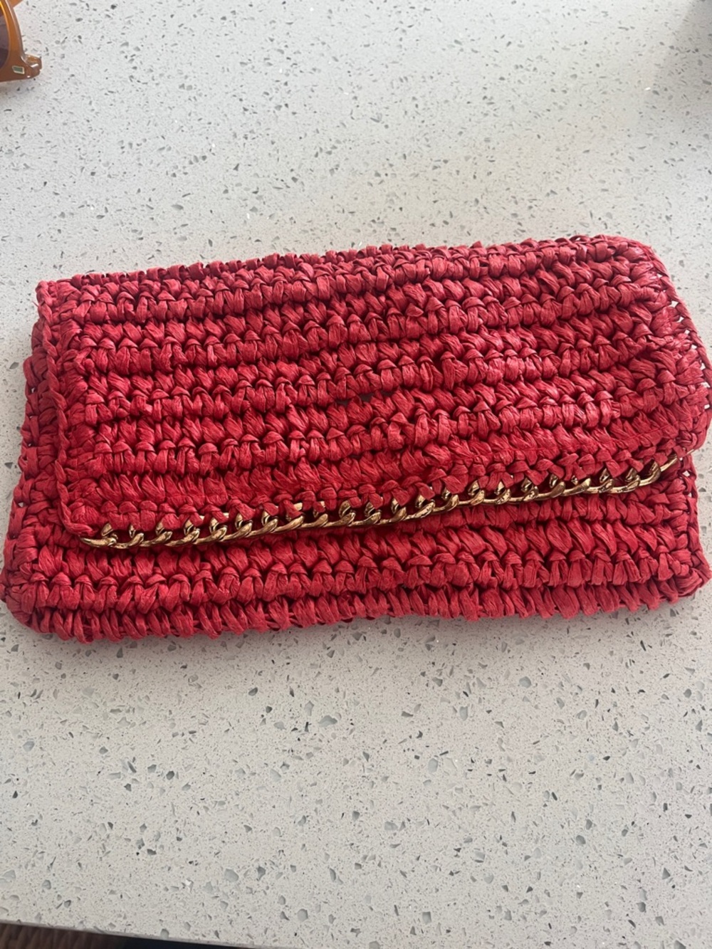 Red Woven Chain-Trim Clutch Bag
